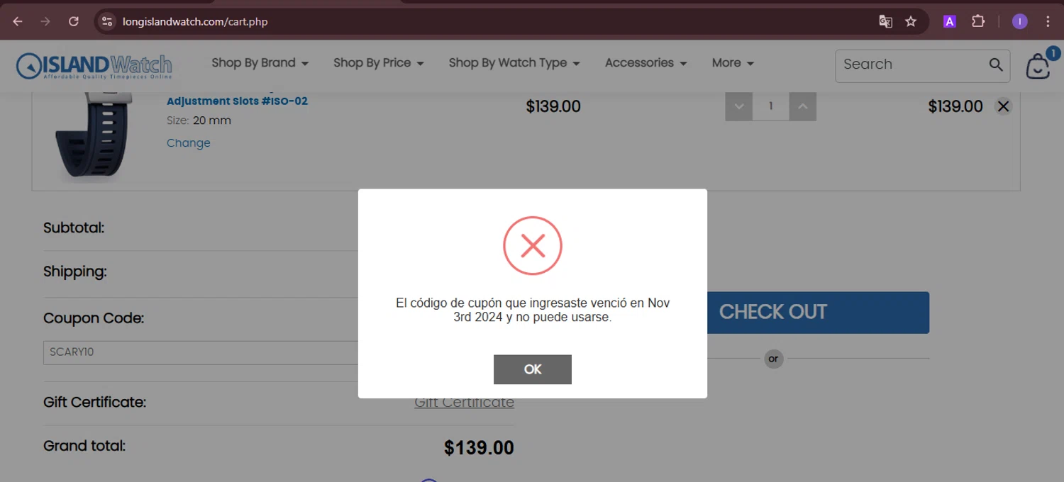 Long Island Watch promo code screenshot showing code SCARY10 applied at Long Island Watch checkout page. Uploaded by SimplyCodes community member joineds on Feb 27, 2025