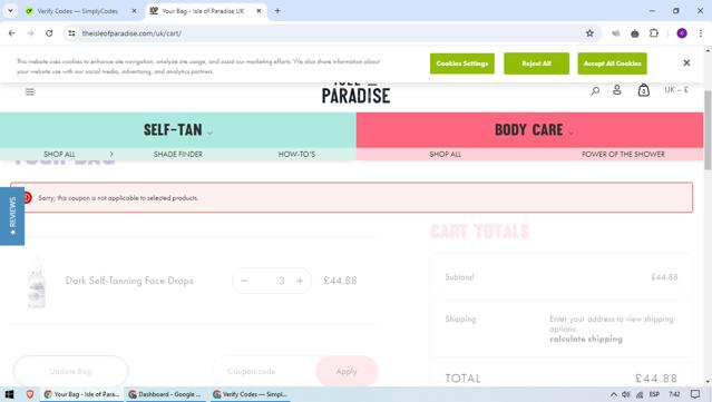 Isle of Paradise checkout page showing Isle of Paradise promo code box | Screenshot taken by SimplyCodes community member on Jul 7, 2024