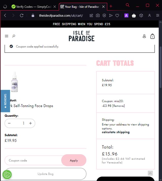 Isle of Paradise checkout page showing Isle of Paradise promo code box | Screenshot taken by SimplyCodes community member on Nov 19, 2024