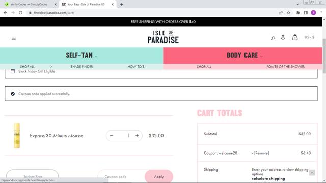 Isle of Paradise checkout page showing Isle of Paradise promo code box | Screenshot taken by SimplyCodes community member on Nov 24, 2024