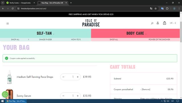 Isle of Paradise checkout page showing Isle of Paradise promo code box | Screenshot taken by SimplyCodes community member on Apr 20, 2024
