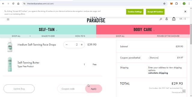 Isle of Paradise checkout page showing Isle of Paradise promo code box | Screenshot taken by SimplyCodes community member on Apr 20, 2024