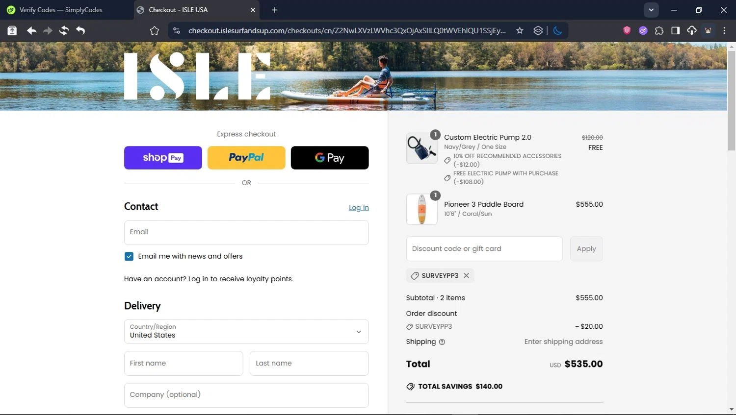 Isle Surf & SUP promo code screenshot showing code SURVEYPP3 applied at Isle Surf & SUP checkout page. Uploaded by SimplyCodes community member ValiantHunter5929 on Jun 25, 2025