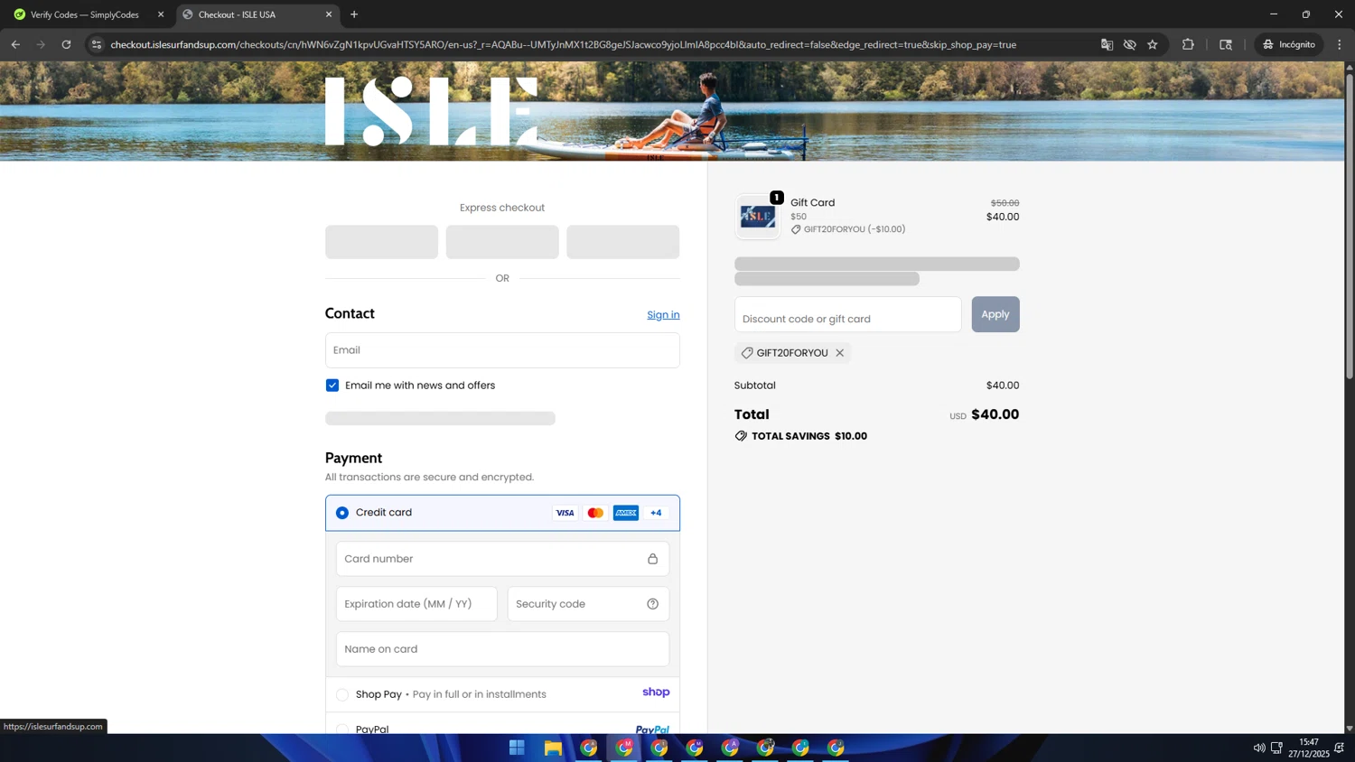 Isle Surf & SUP promo code screenshot showing code GIFT20FORYOU applied at Isle Surf & SUP checkout page. Uploaded by SimplyCodes community member CBR600 on Dec 27, 2025