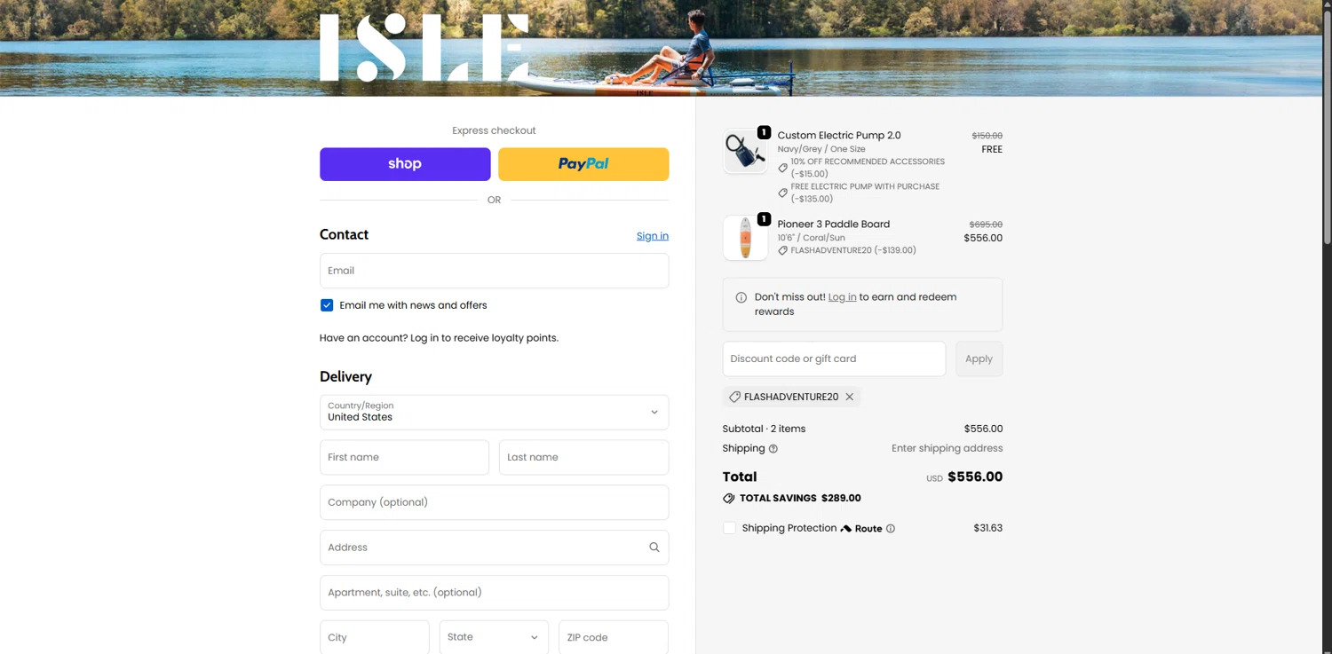 Isle Surf & SUP checkout page showing Isle Surf & SUP promo code box | Screenshot taken by SimplyCodes community member on Feb 20, 2026
