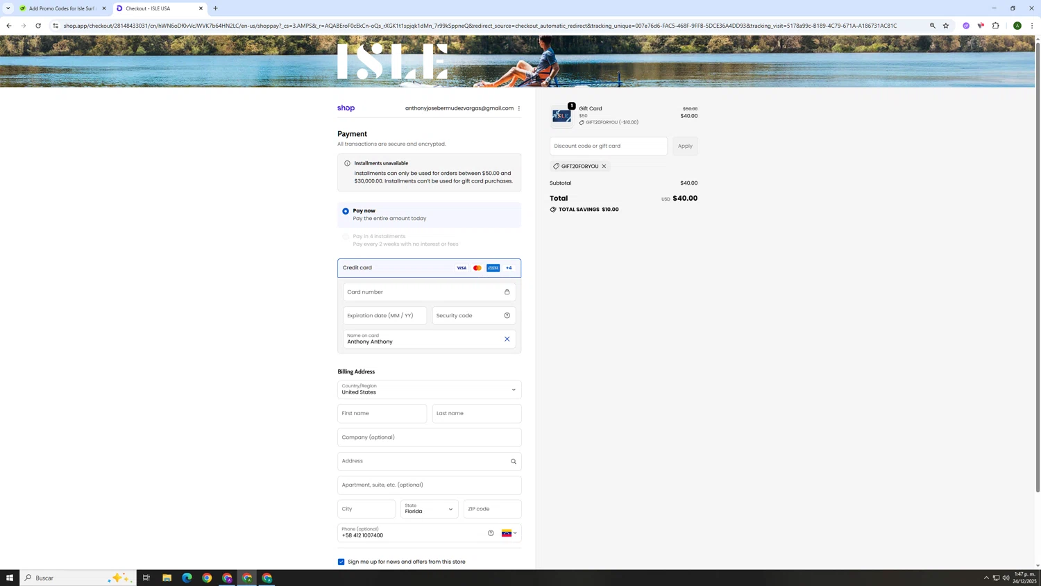 Isle Surf & SUP promo code screenshot showing code GIFT20FORYOU applied at Isle Surf & SUP checkout page. Uploaded by SimplyCodes community member AnthonyGTX on Dec 24, 2025