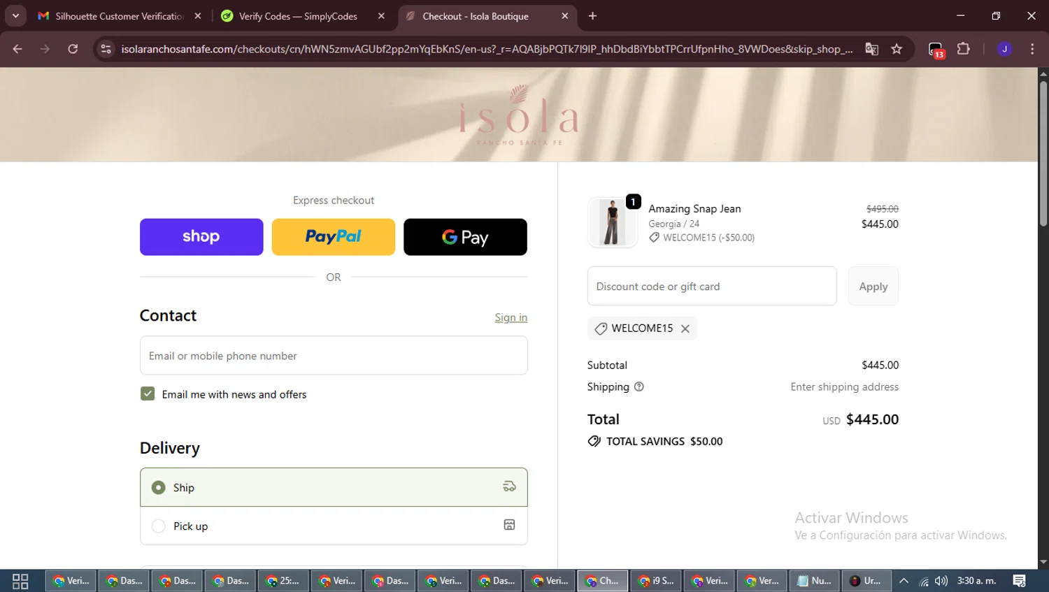 Isola Boutique promo code screenshot showing code WELCOME15 applied at Isola Boutique checkout page. Uploaded by SimplyCodes community member LegendaryLegend9872 on Dec 3, 2025
