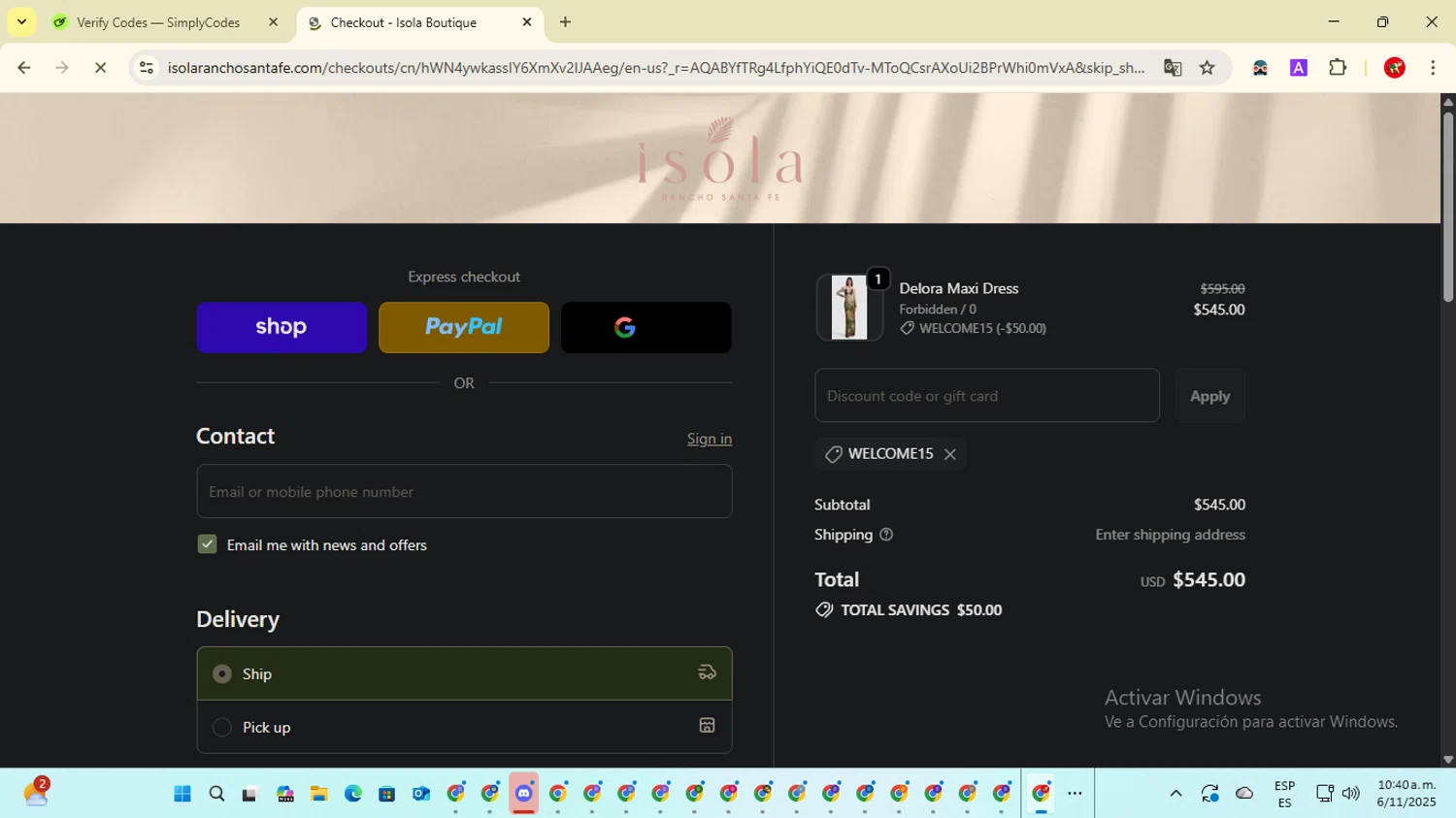 Isola Boutique promo code screenshot showing code WELCOME15 applied at Isola Boutique checkout page. Uploaded by SimplyCodes community member ShrewdCaptain2457 on Nov 6, 2025