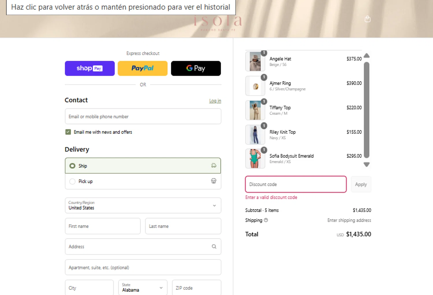 Isola Boutique promo code screenshot showing code ISOLA15 applied at Isola Boutique checkout page. Uploaded by SimplyCodes community member ExtraordinarySeeker9807 on Aug 15, 2025