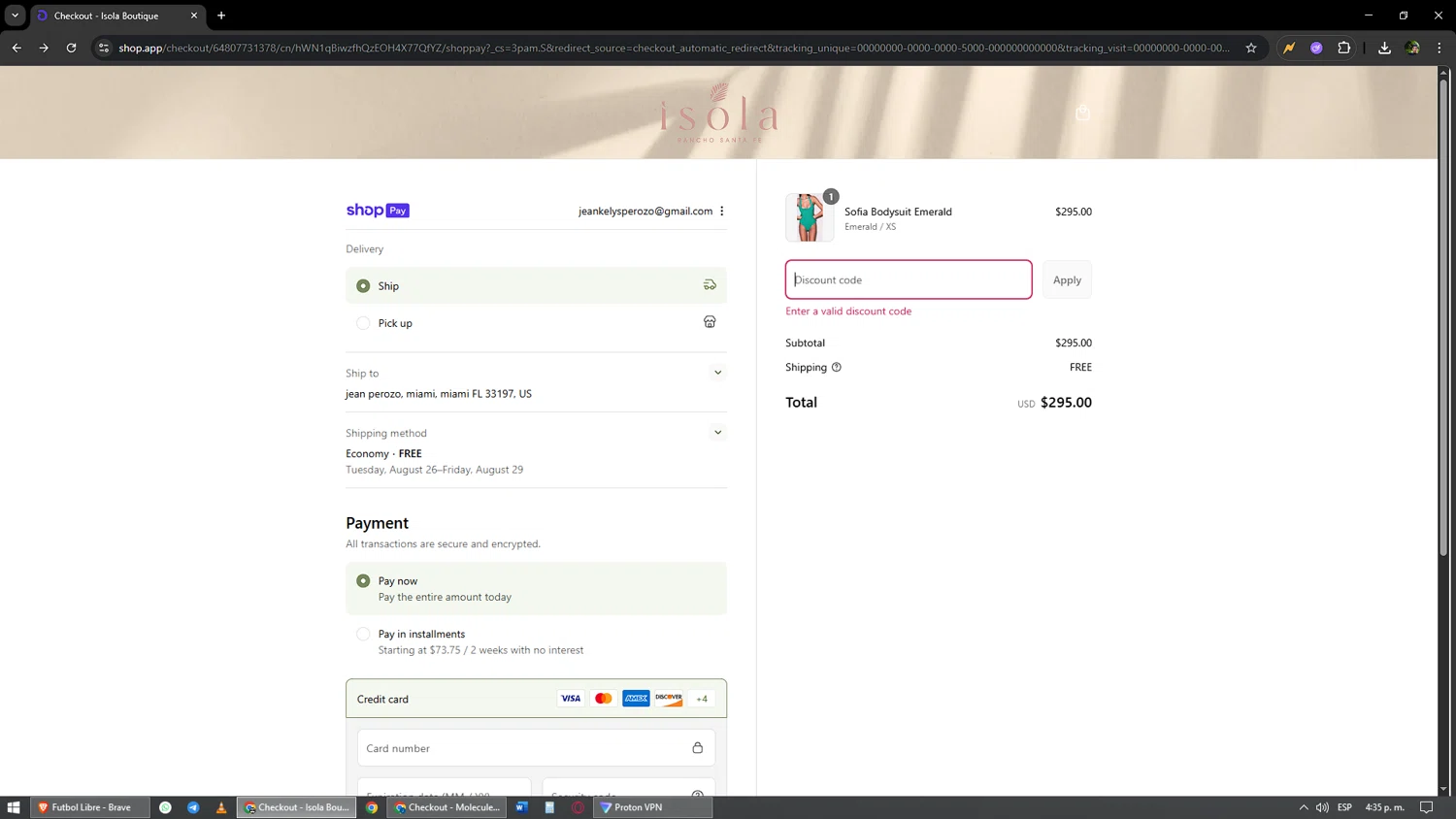 Isola Boutique promo code screenshot showing code ISOLA15 applied at Isola Boutique checkout page. Uploaded by SimplyCodes community member yonaiker on Aug 15, 2025