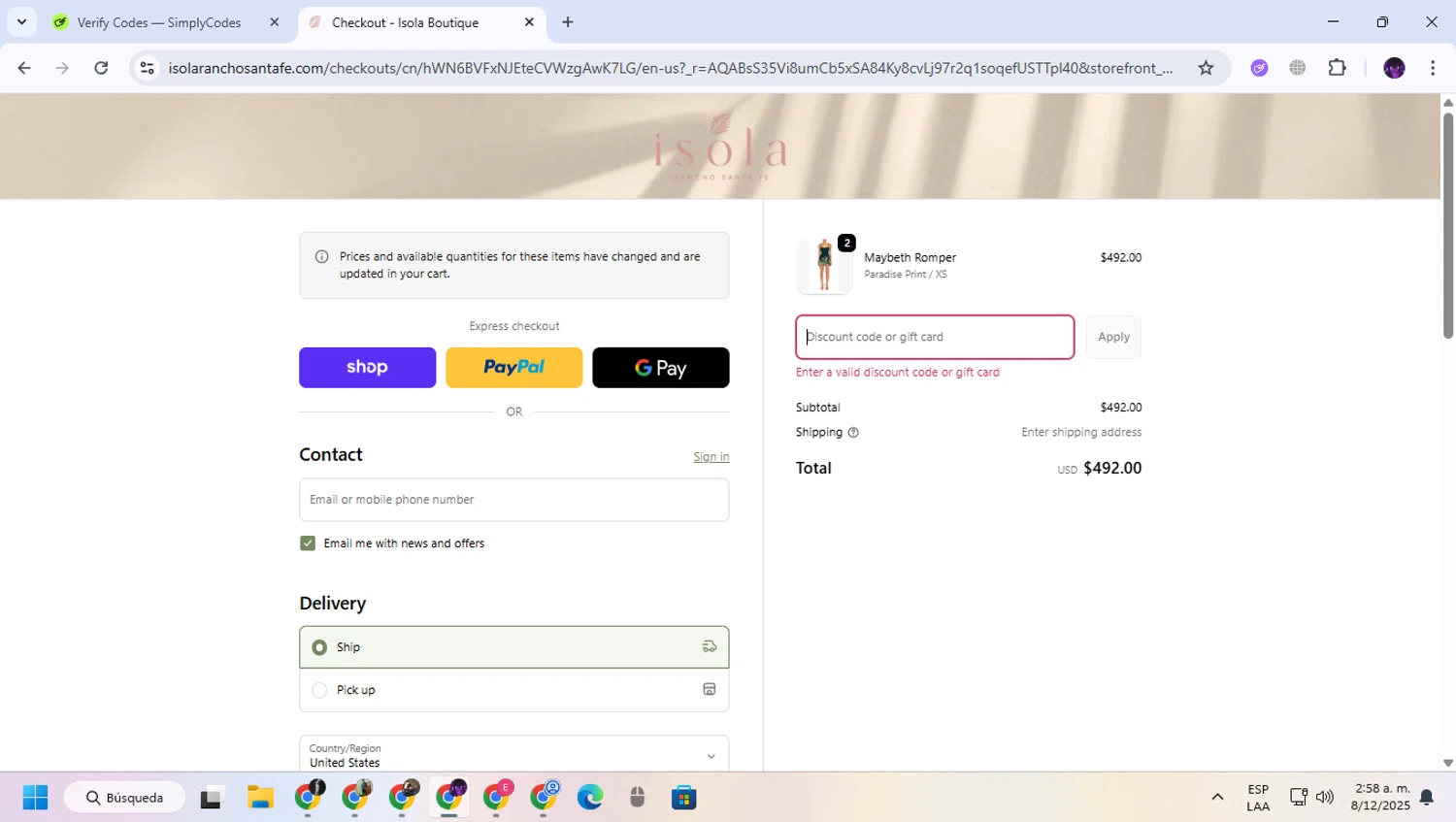 Isola Boutique promo code screenshot showing code NOIR applied at Isola Boutique checkout page. Uploaded by SimplyCodes community member GloriousGuardian9063 on Dec 8, 2025
