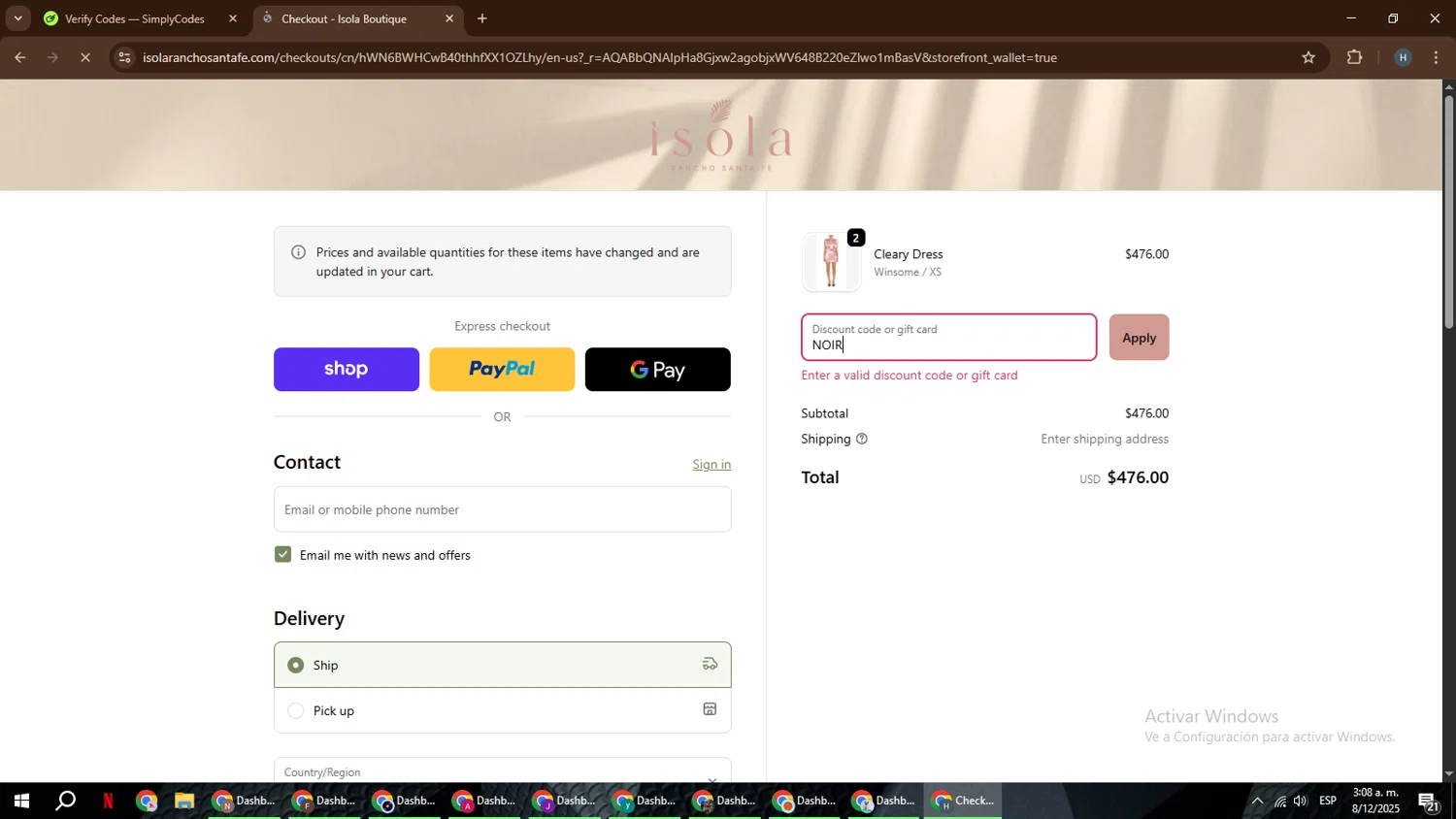 Isola Boutique promo code screenshot showing code NOIR applied at Isola Boutique checkout page. Uploaded by SimplyCodes community member YAMAHA on Dec 8, 2025