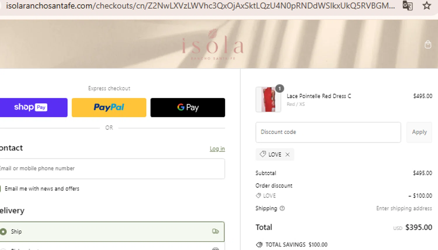 Isola Boutique promo code screenshot showing code Love applied at Isola Boutique checkout page. Uploaded by SimplyCodes community member BudgetLion5814 on Feb 8, 2025