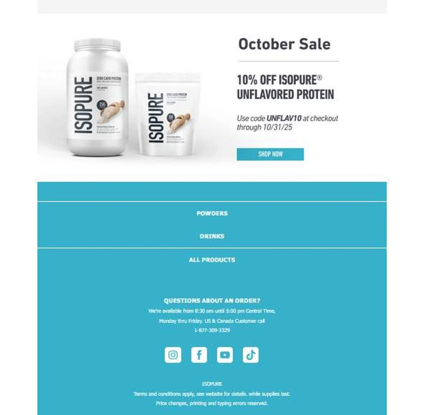 Isopure coupon code screenshot showing code unflav10 applied at Isopure checkout page. Uploaded by SimplyCodes community member stygian1 on Oct 14, 2025
