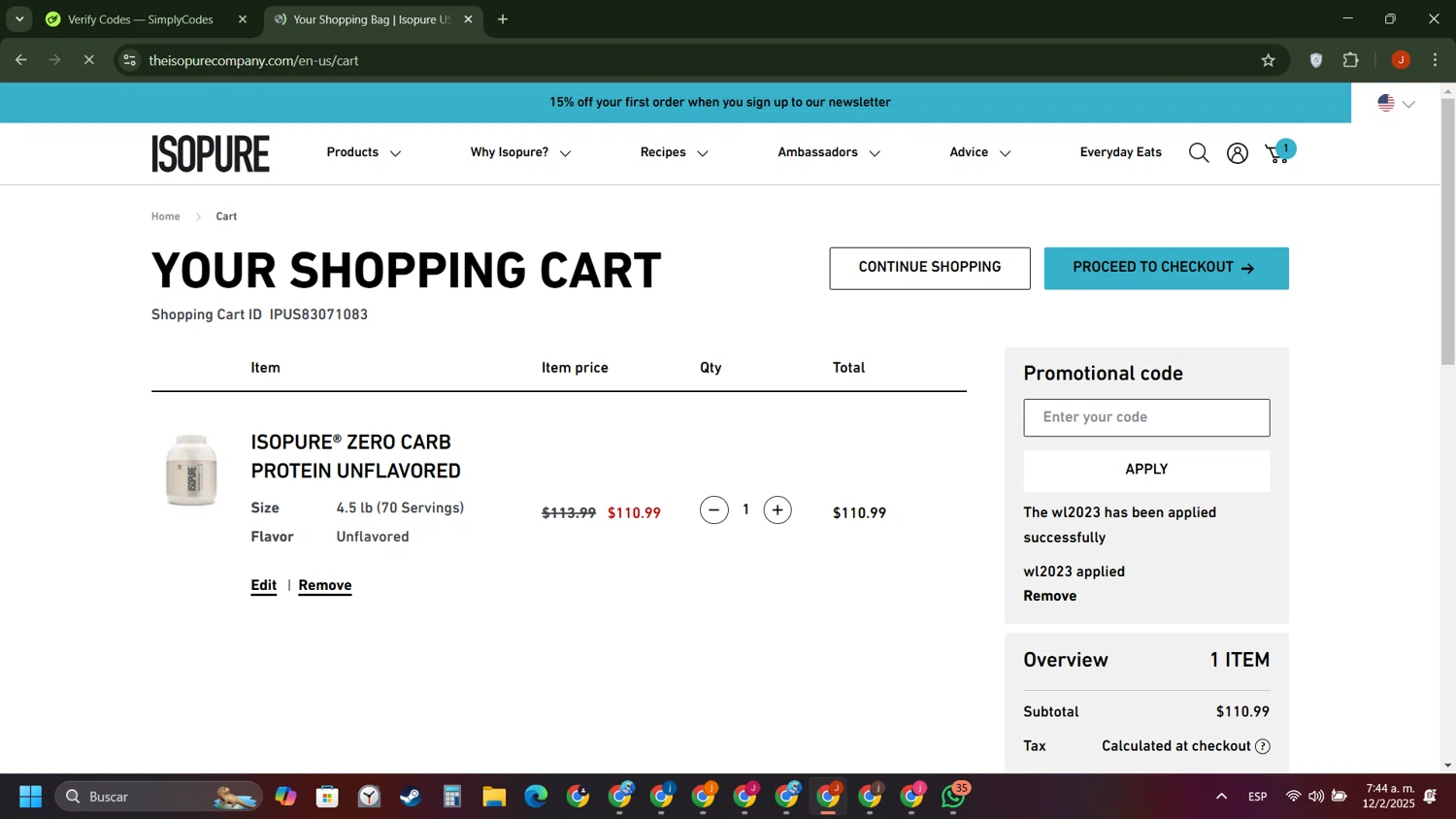 Isopure coupon code screenshot showing code wl2023 applied at Isopure checkout page. Uploaded by SimplyCodes community member ShieldAce8260 on Feb 12, 2025