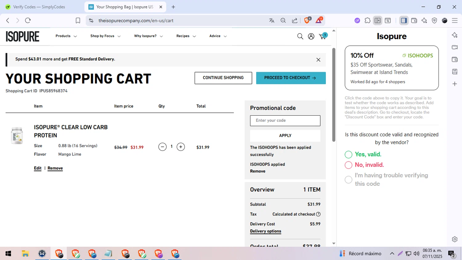 Isopure coupon code screenshot showing code ISOHOOPS applied at Isopure checkout page. Uploaded by SimplyCodes community member DiscountDefender1226 on Nov 7, 2025