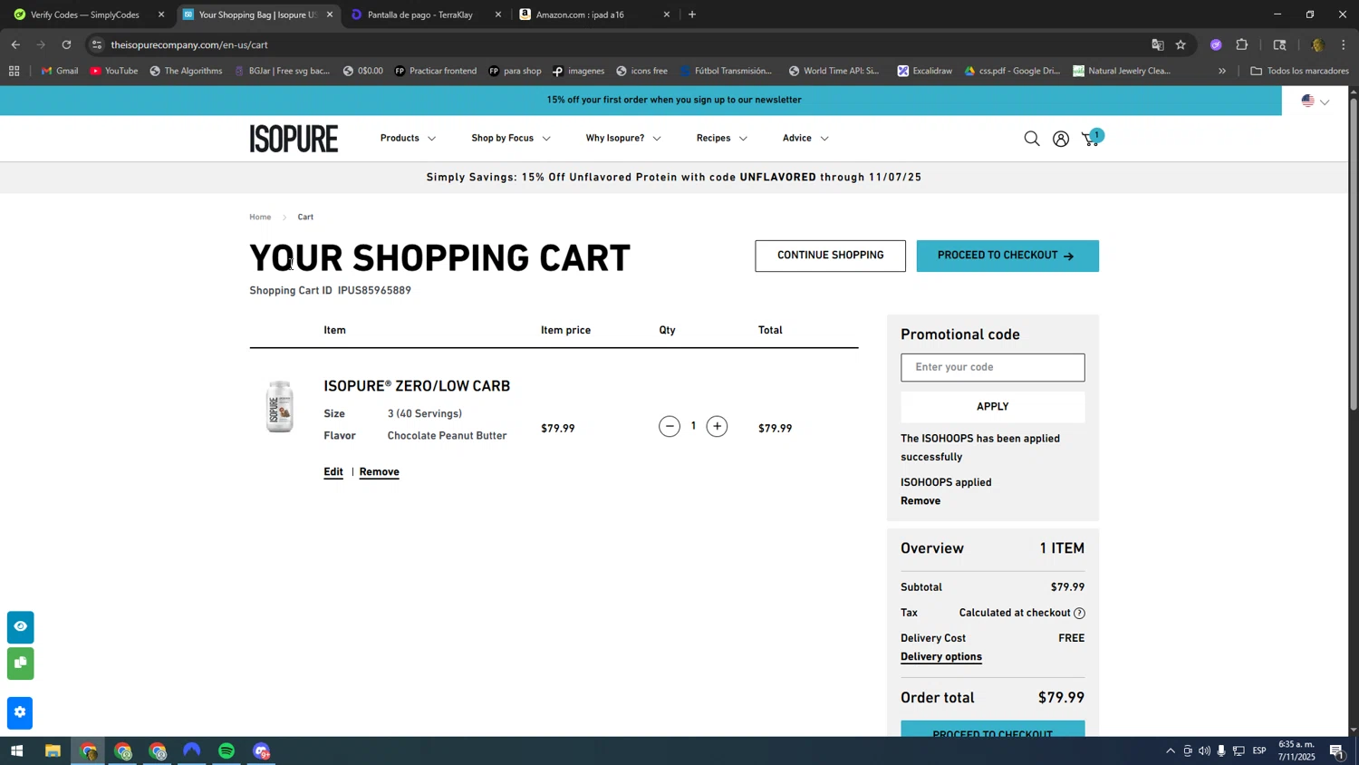 Isopure coupon code screenshot showing code ISOHOOPS applied at Isopure checkout page. Uploaded by SimplyCodes community member kakakakakka on Nov 7, 2025
