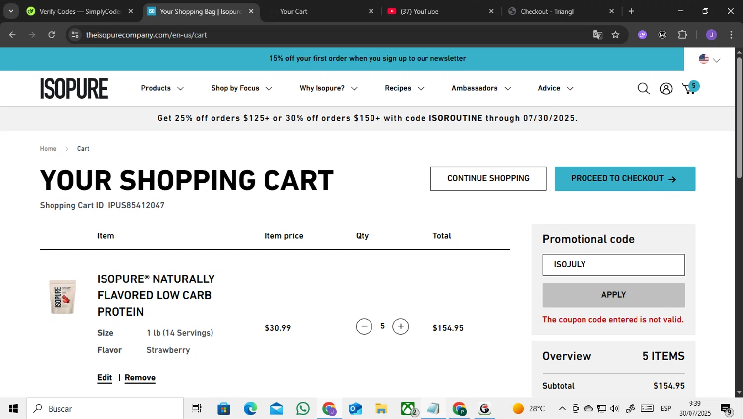 Isopure coupon code screenshot showing code ISOJULY applied at Isopure checkout page. Uploaded by SimplyCodes community member ENCARAMESSI on Jul 30, 2025