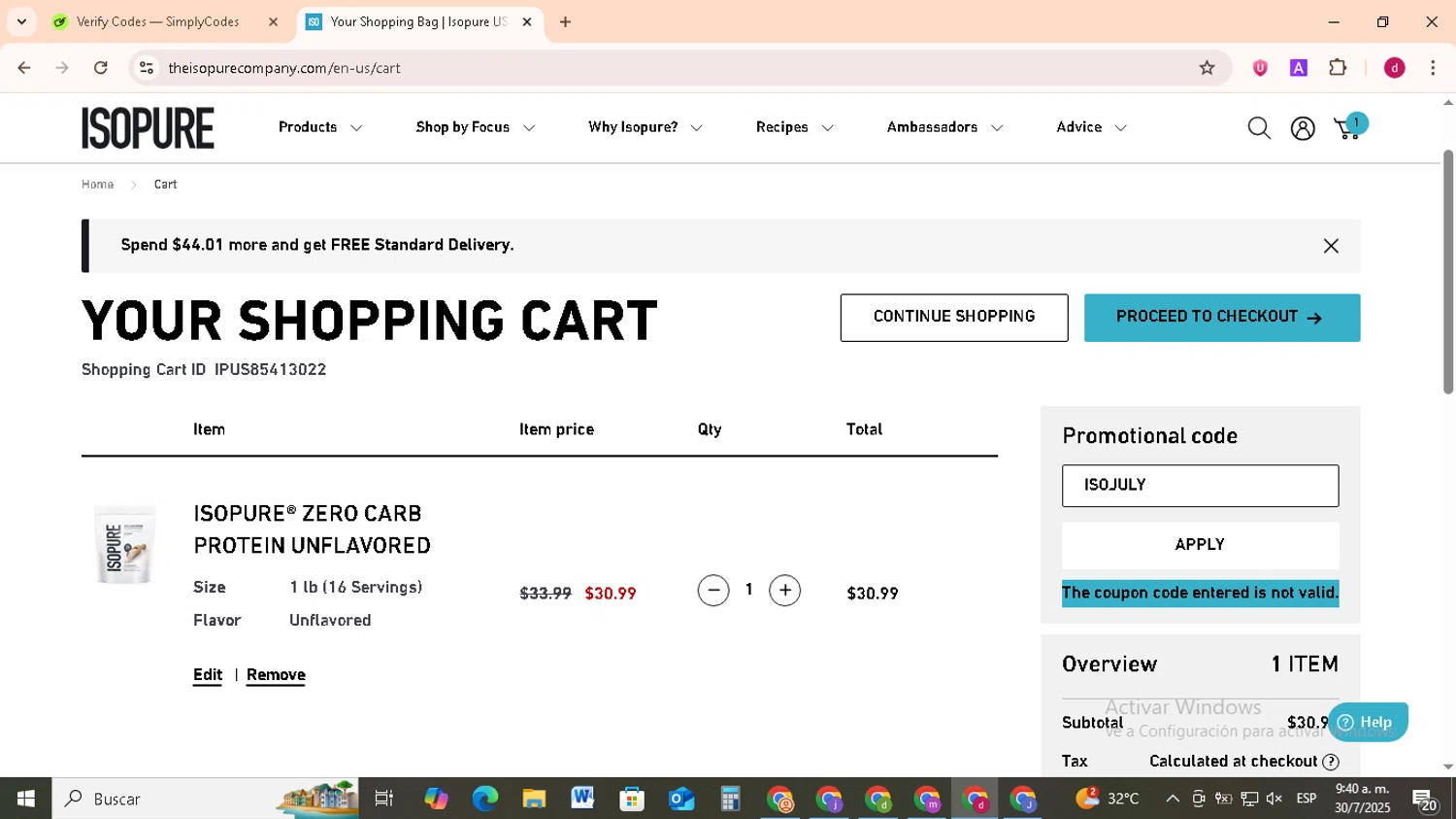 Isopure coupon code screenshot showing code ISOJULY applied at Isopure checkout page. Uploaded by SimplyCodes community member FrugalMonarch7277 on Jul 30, 2025