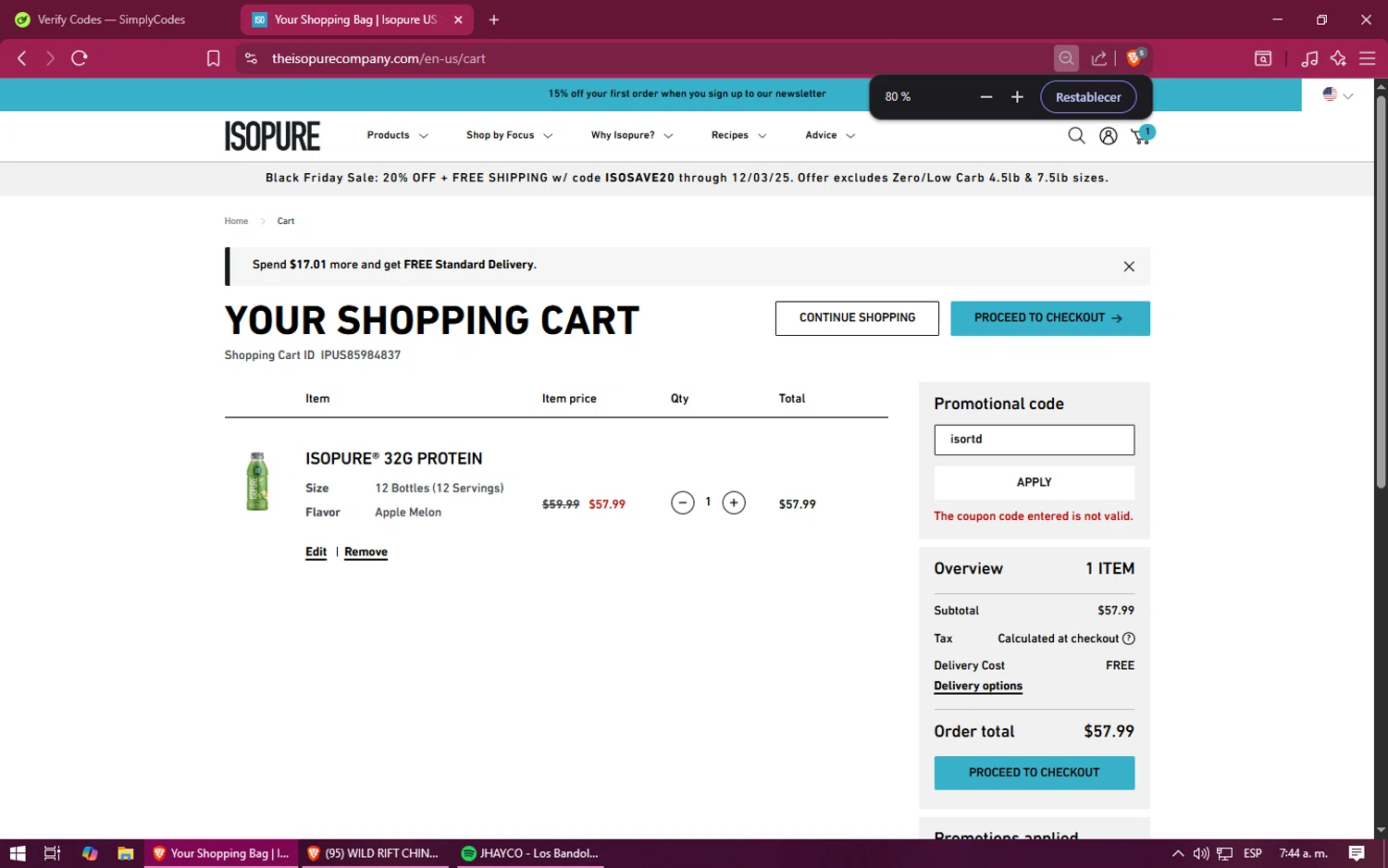 Isopure coupon code screenshot showing code isortd applied at Isopure checkout page. Uploaded by SimplyCodes community member XINNNN on Nov 30, 2025