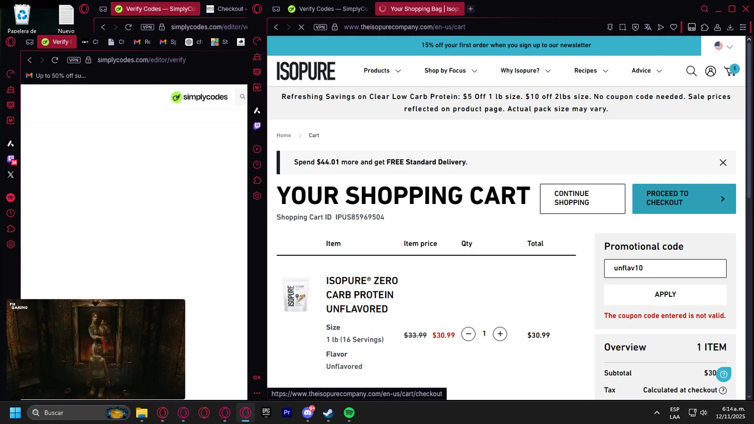 Isopure coupon code screenshot showing code unflav10 applied at Isopure checkout page. Uploaded by SimplyCodes community member Handivlak on Nov 12, 2025
