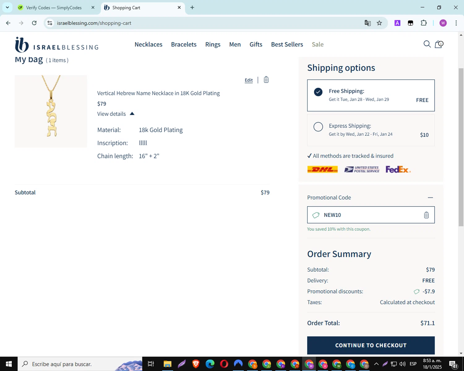 Israel Blessing promo code screenshot showing code NEW10 applied at Israel Blessing checkout page. Uploaded by SimplyCodes community member SwiftScout6682 on Jan 18, 2025