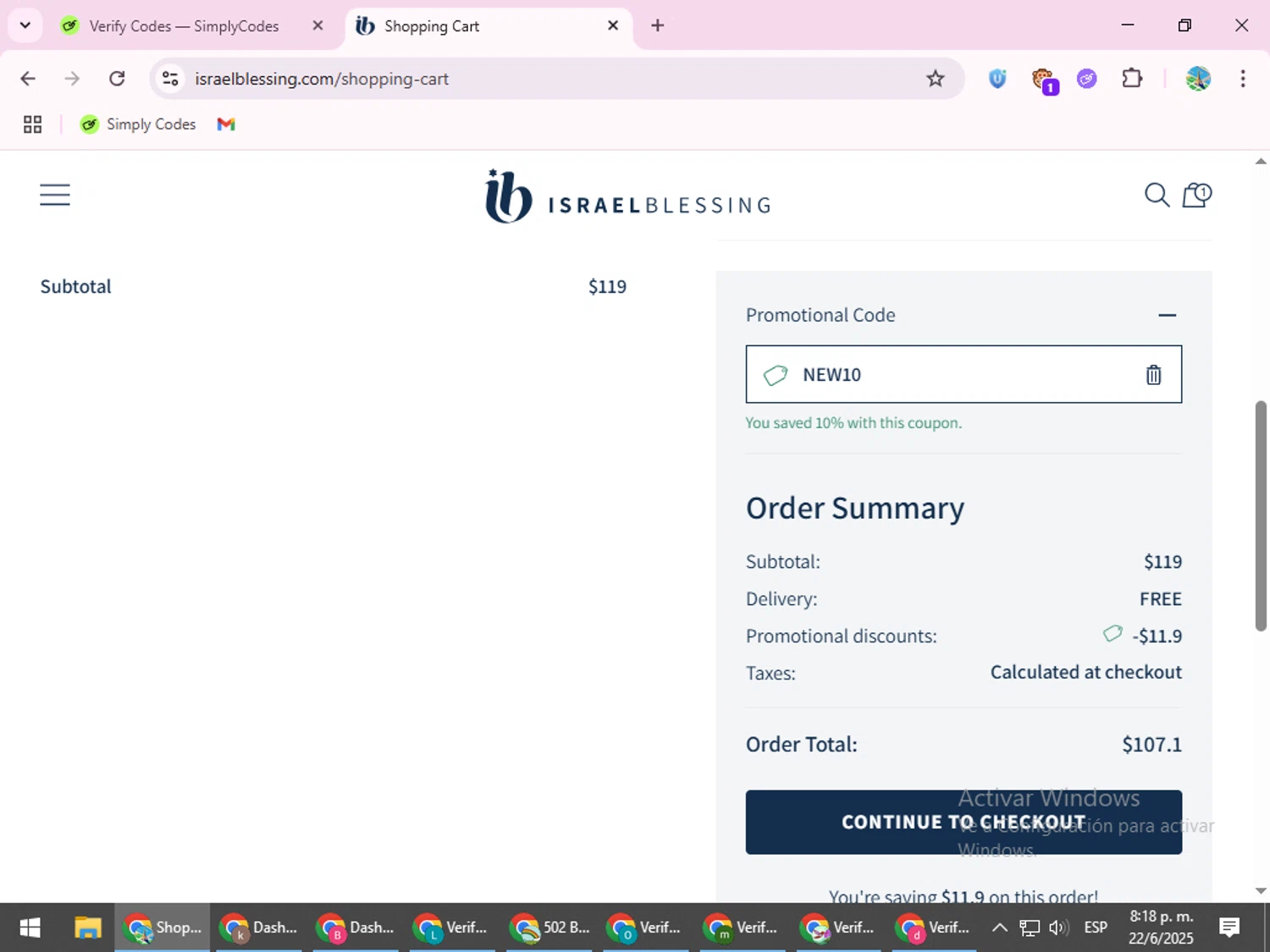 Israel Blessing promo code screenshot showing code NEW10 applied at Israel Blessing checkout page. Uploaded by SimplyCodes community member ShrewdSpotter4101 on Jun 23, 2025