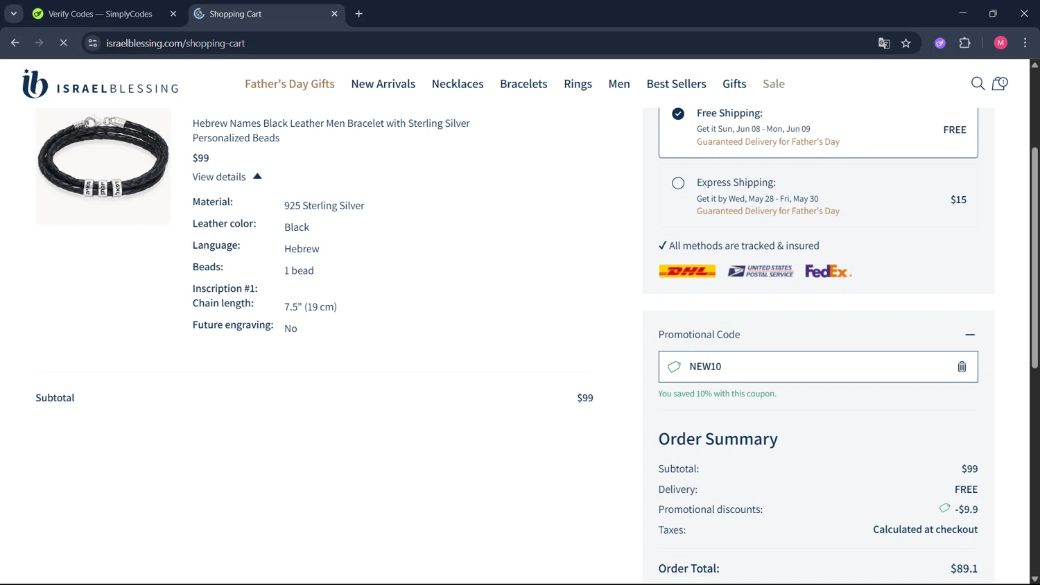 Israel Blessing promo code screenshot showing code NEW10 applied at Israel Blessing checkout page. Uploaded by SimplyCodes community member ValueCollector4159 on May 25, 2025