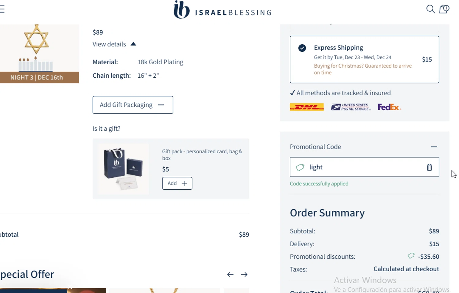 Israel Blessing checkout page showing Israel Blessing promo code box | Screenshot taken by SimplyCodes community member on Dec 16, 2025