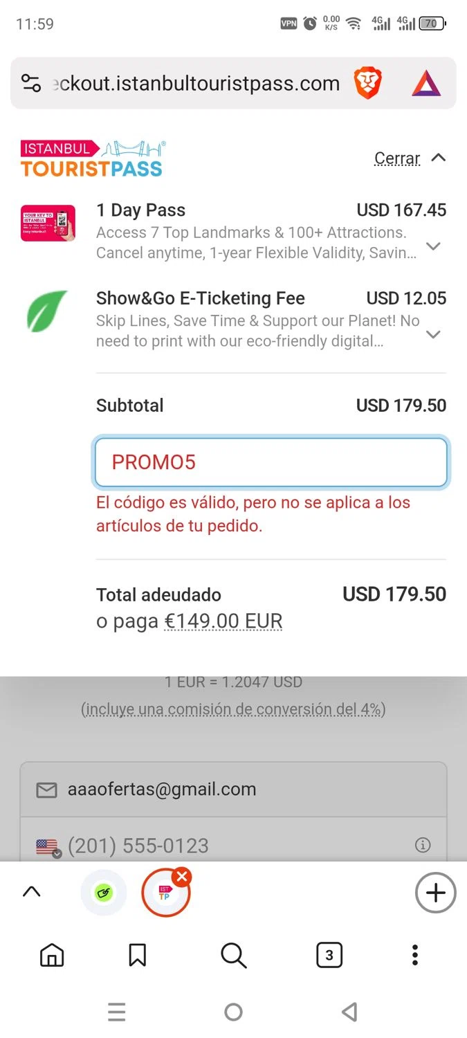 Istanbul Tourist Pass discount code screenshot showing code PROMO5 applied at Istanbul Tourist Pass checkout page. Uploaded by SimplyCodes community member dayselis15 on Jun 12, 2025