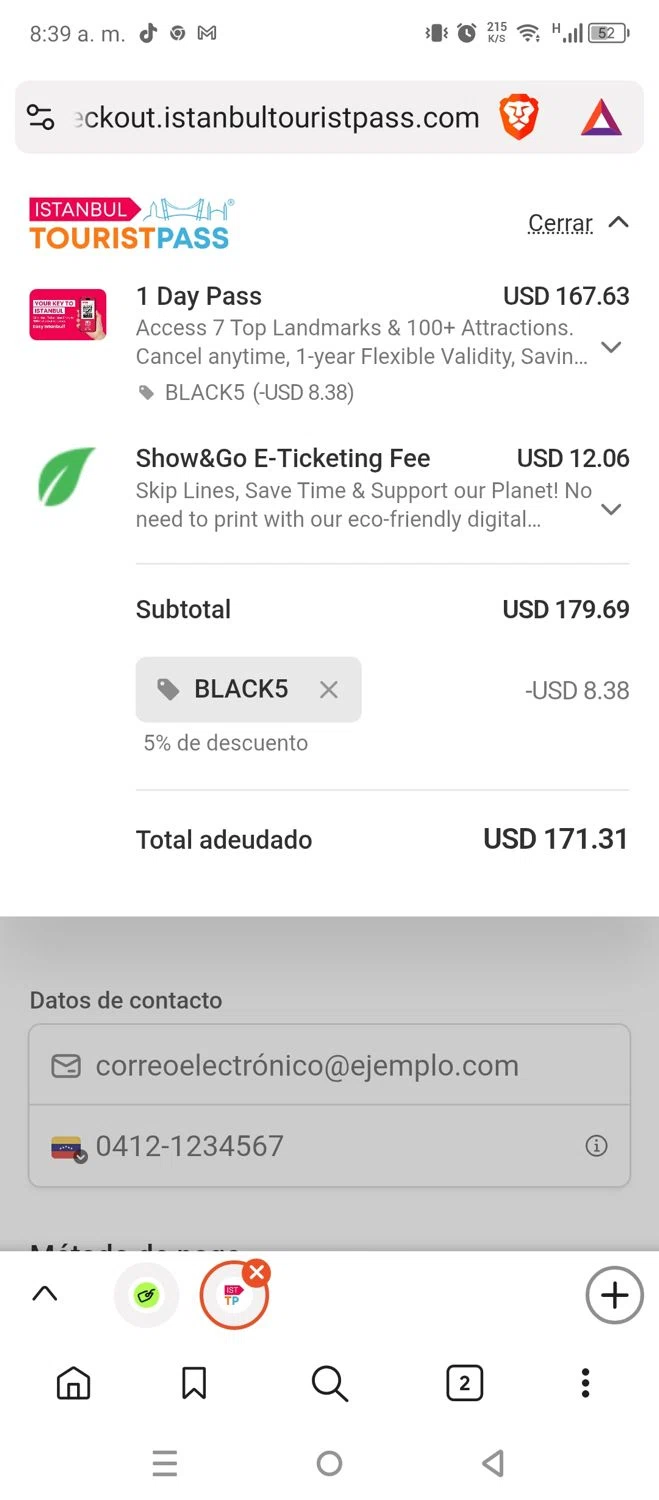 Istanbul Tourist Pass checkout page showing Istanbul Tourist Pass discount code box | Screenshot taken by SimplyCodes community member on Jan 17, 2026