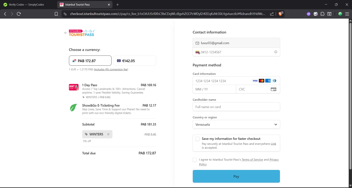 Istanbul Tourist Pass discount code screenshot showing code WINTER5 applied at Istanbul Tourist Pass checkout page. Uploaded by SimplyCodes community member Focus_123 on Dec 11, 2025