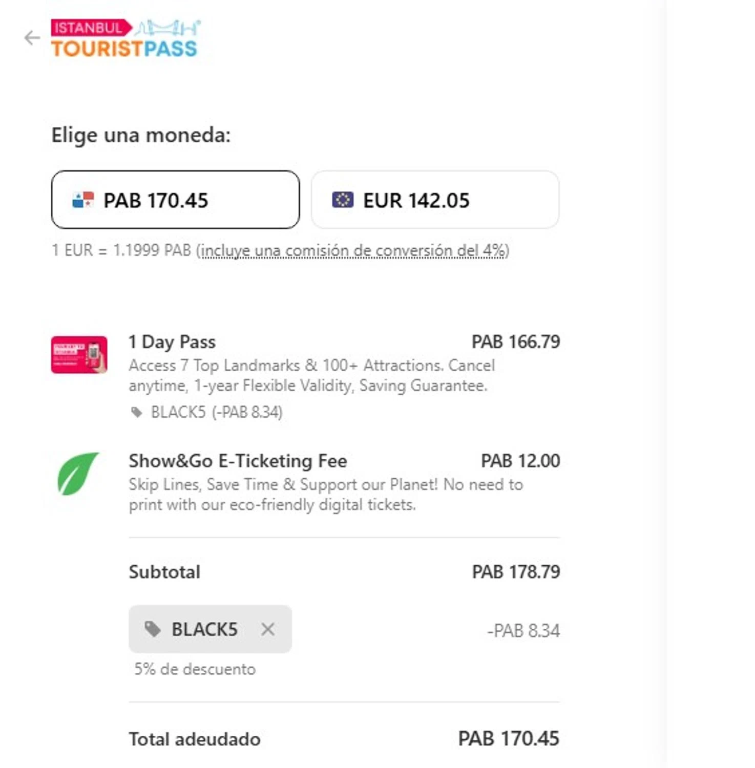 Istanbul Tourist Pass discount code screenshot showing code BLACK5 applied at Istanbul Tourist Pass checkout page. Uploaded by SimplyCodes community member Elcompa on Nov 20, 2025