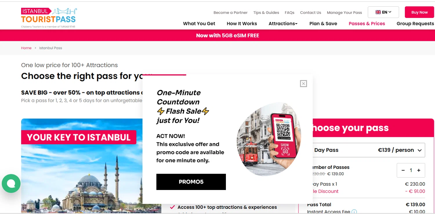 Istanbul Tourist Pass discount code screenshot showing code PROMO5 applied at Istanbul Tourist Pass checkout page. Uploaded by SimplyCodes community member PIONEER01 on Jun 12, 2025