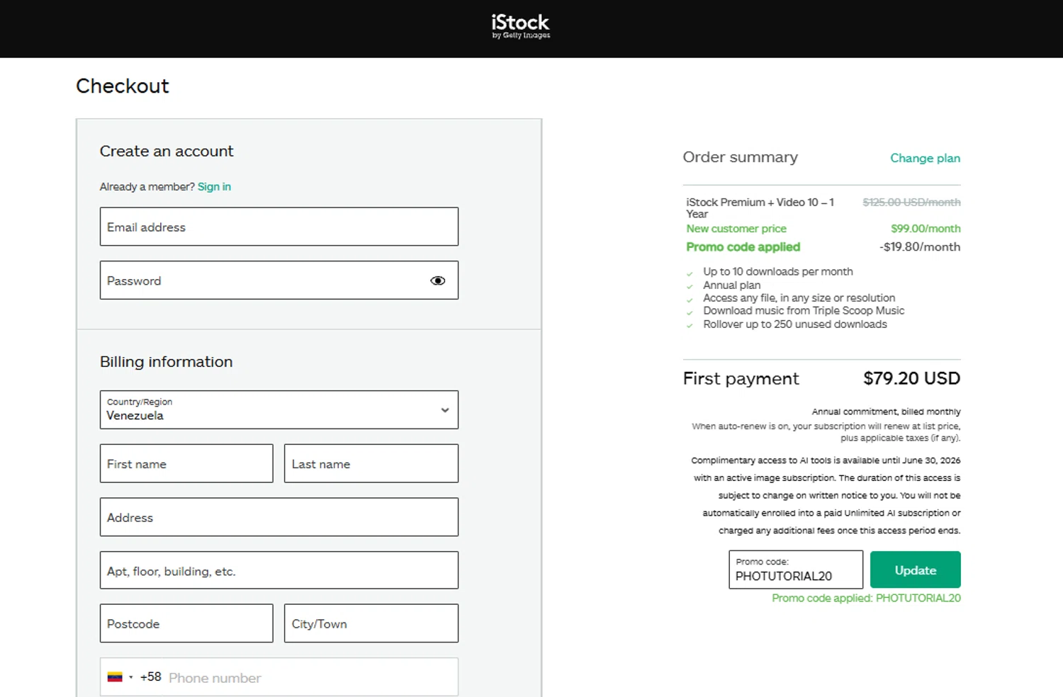 iStock promo code screenshot showing code PHOTUTORIAL20 applied at iStock checkout page. Uploaded by SimplyCodes community member CouponLion324 on Feb 21, 2026