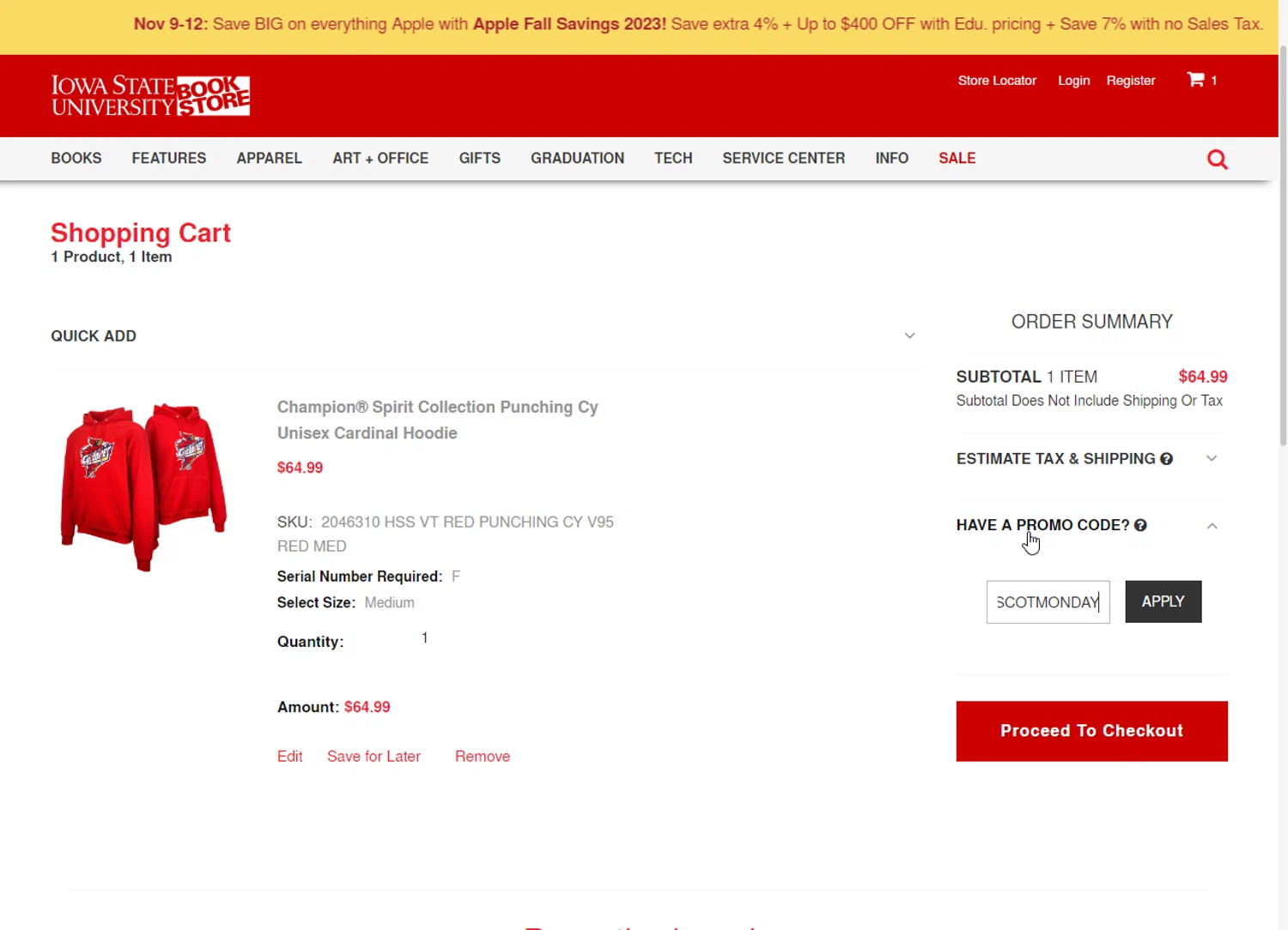 ISU Book Store checkout page showing ISU Book Store promo code box | Screenshot taken by SimplyCodes community member on Nov 12, 2023