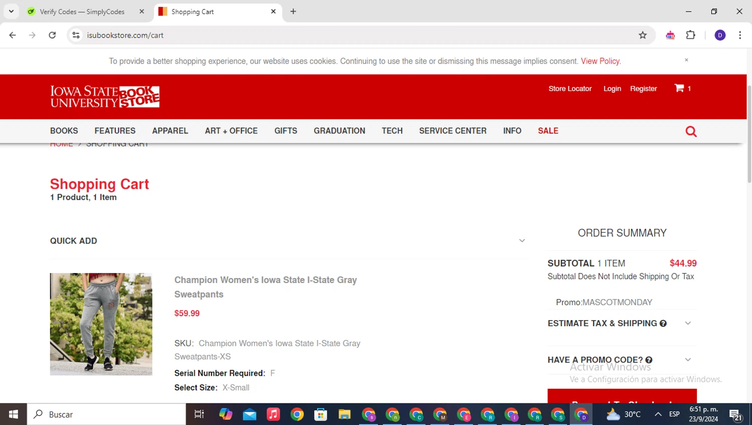 ISU Book Store checkout page showing ISU Book Store promo code box | Screenshot taken by SimplyCodes community member on Sep 23, 2024