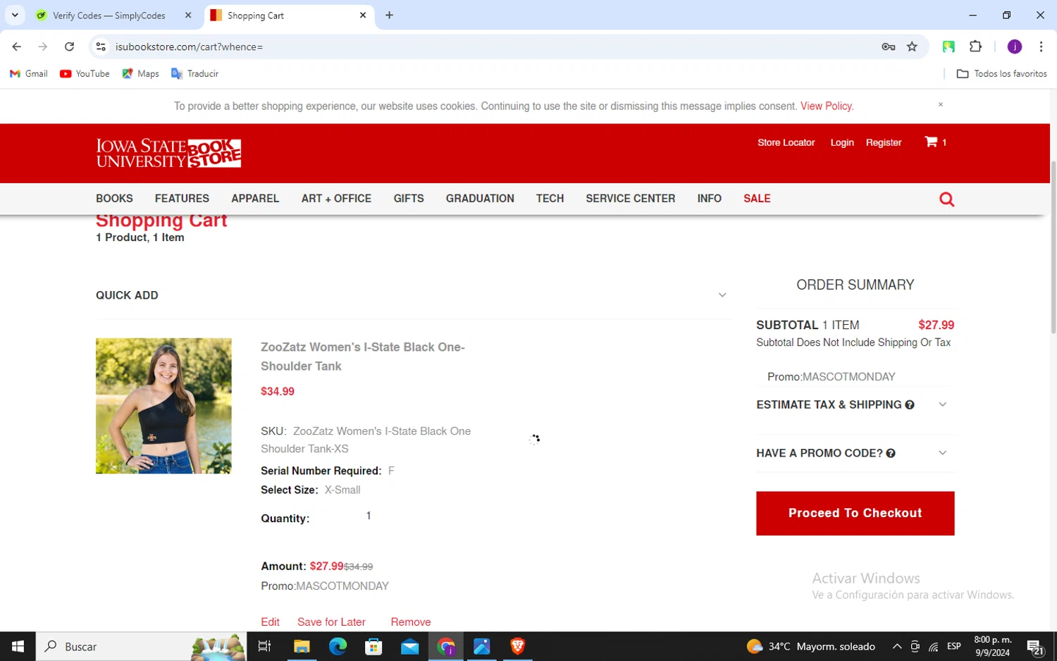 ISU Book Store checkout page showing ISU Book Store promo code box | Screenshot taken by SimplyCodes community member on Sep 10, 2024
