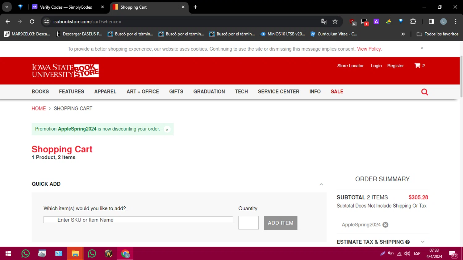 ISU Book Store checkout page showing ISU Book Store promo code box | Screenshot taken by SimplyCodes community member on Apr 4, 2024