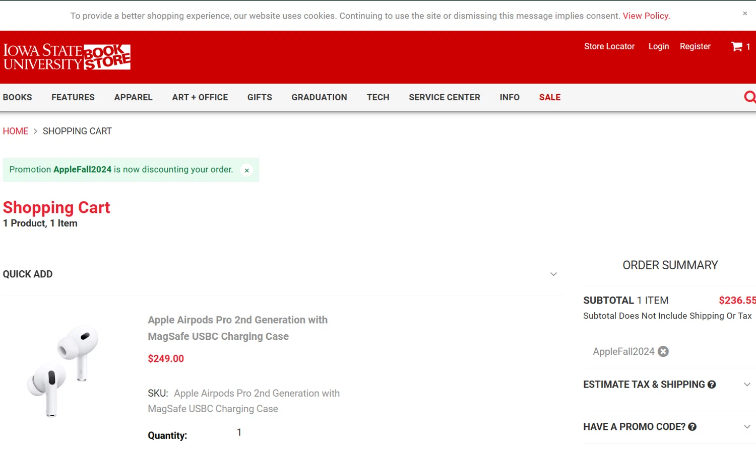 ISU Book Store checkout page showing ISU Book Store promo code box | Screenshot taken by SimplyCodes community member on Nov 9, 2024