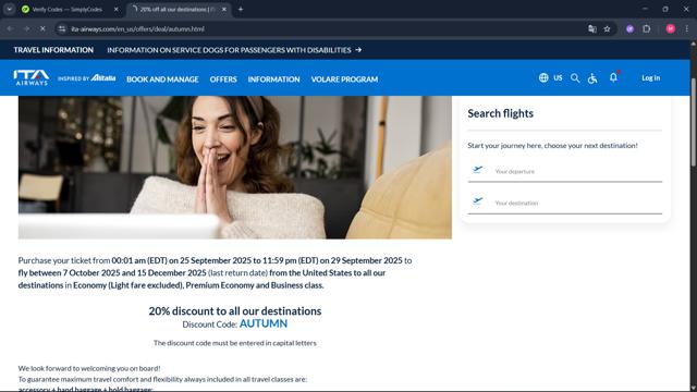ITA Airways US checkout page showing ITA Airways US promo code box | Screenshot taken by SimplyCodes community member on Oct 1, 2025