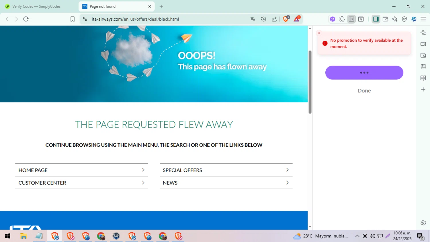 ITA Airways US promo code screenshot showing code BLACK applied at ITA Airways US checkout page. Uploaded by SimplyCodes community member ExtraordinarySeeker8039 on Dec 24, 2025