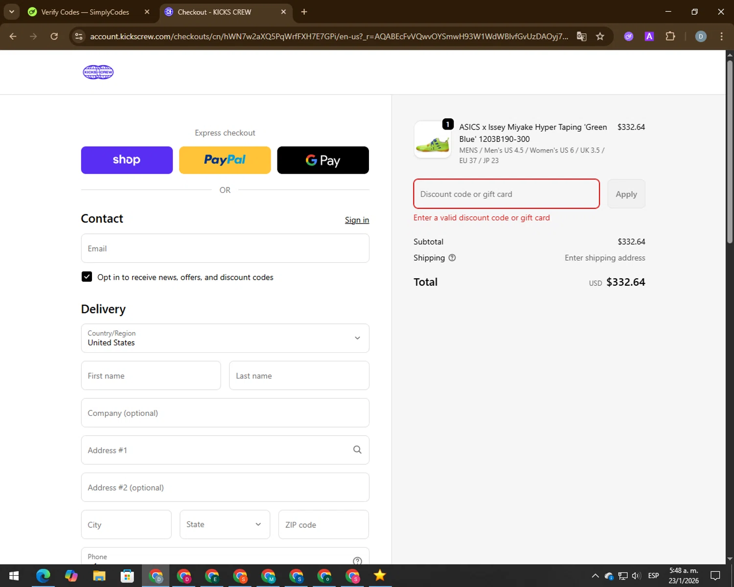 ITA Airways US promo code screenshot showing code DEAL20 applied at ITA Airways US checkout page. Uploaded by SimplyCodes community member 00000056 on Jan 23, 2026