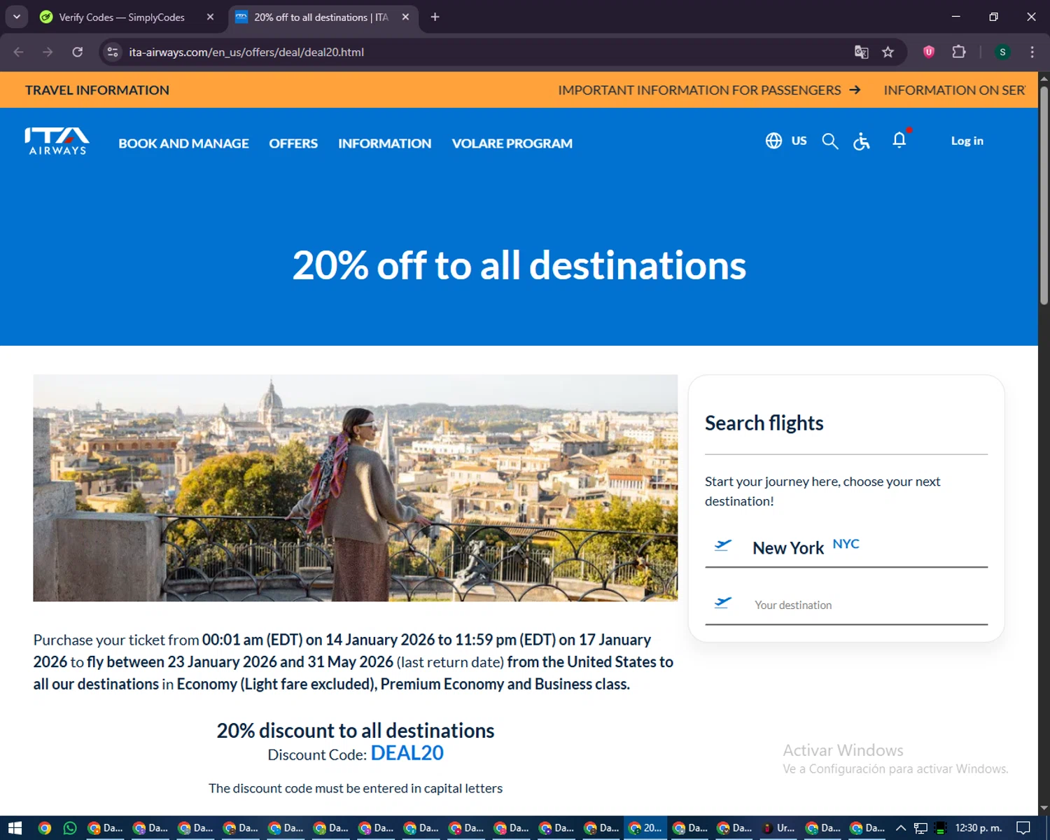 ITA Airways US checkout page showing ITA Airways US promo code box | Screenshot taken by SimplyCodes community member on Jan 19, 2026