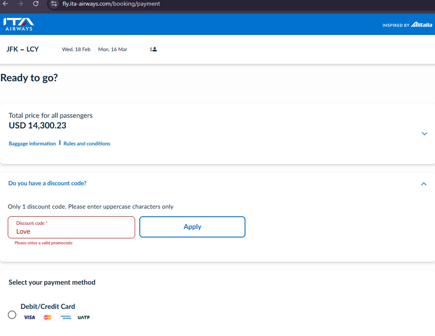 ITA Airways US promo code screenshot showing code Love applied at ITA Airways US checkout page. Uploaded by SimplyCodes community member MoneySage8222 on Feb 16, 2026
