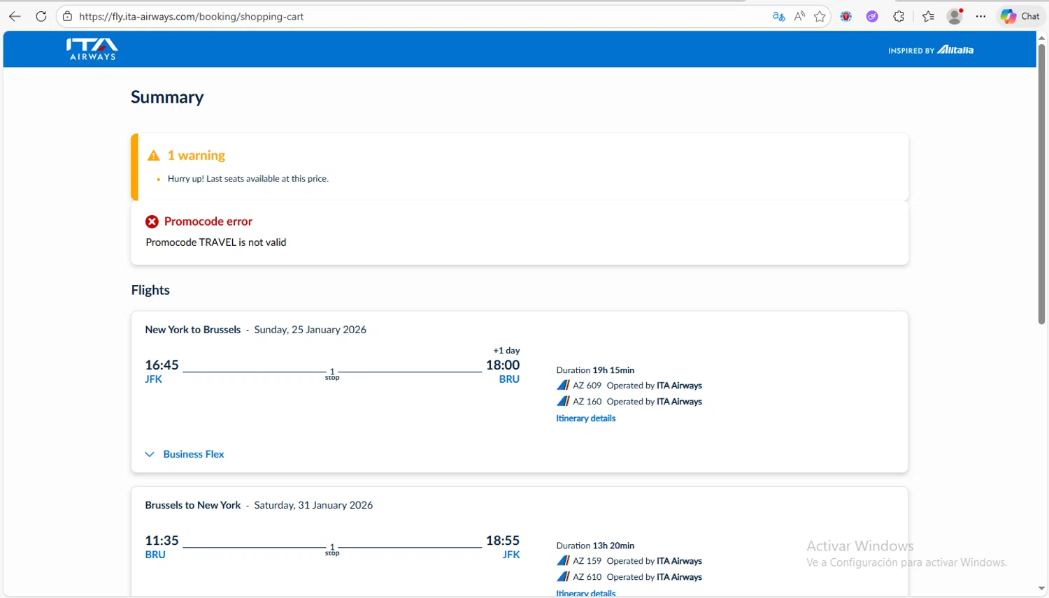 ITA Airways US promo code screenshot showing code TRAVEL applied at ITA Airways US checkout page. Uploaded by SimplyCodes community member Franco20 on Dec 13, 2025