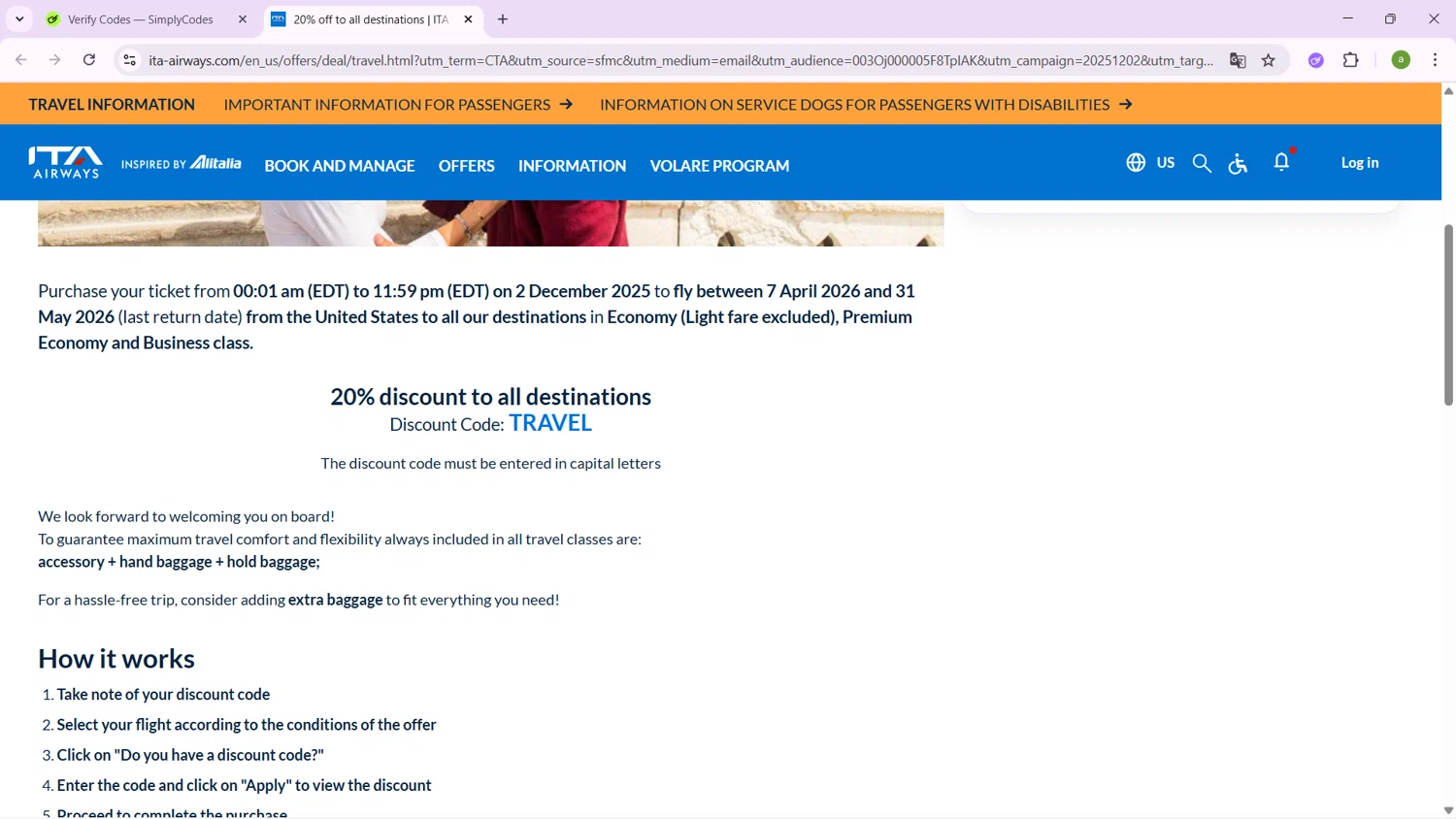 ITA Airways US promo code screenshot showing code TRAVEL applied at ITA Airways US checkout page. Uploaded by SimplyCodes community member SavingsHero9122 on Dec 10, 2025