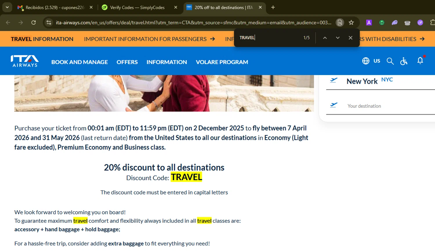 ITA Airways US promo code screenshot showing code TRAVEL applied at ITA Airways US checkout page. Uploaded by SimplyCodes community member SilverMonarch6357 on Dec 2, 2025