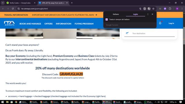 ITA Airways US checkout page showing ITA Airways US promo code box | Screenshot taken by SimplyCodes community member on Sep 19, 2025