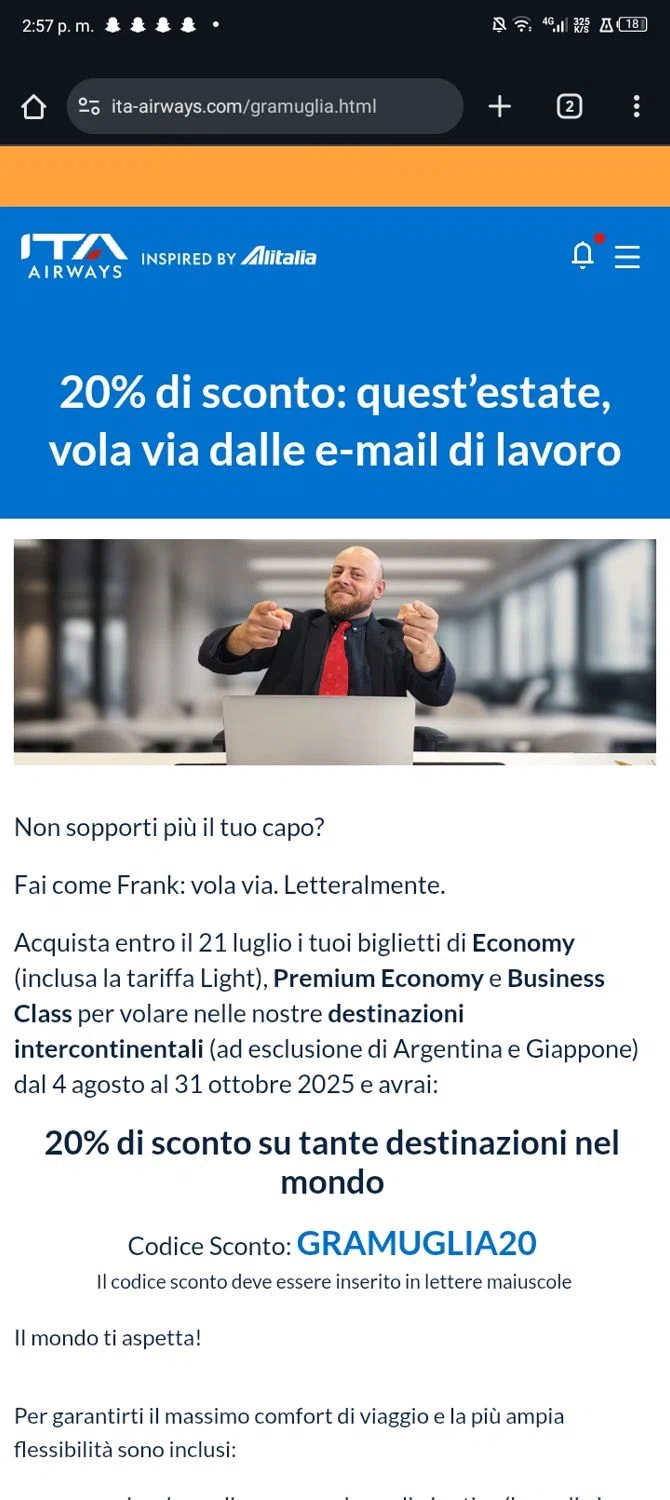 ITA Airways US checkout page showing ITA Airways US promo code box | Screenshot taken by SimplyCodes community member on Nov 1, 2025